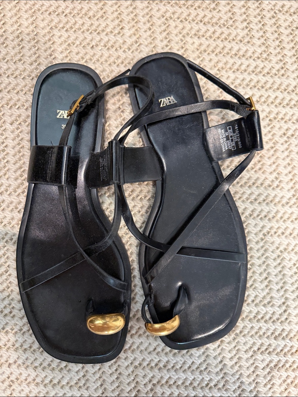 Zara Black Strappy Toe-Ring Sandals with Gold Detail